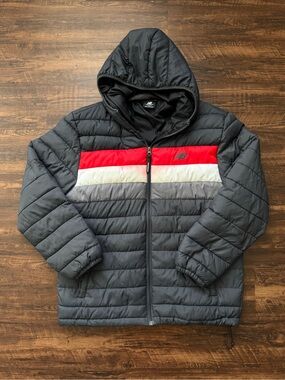 New Balance Hooded Men’s Puffer Jacket in Black, Red & White